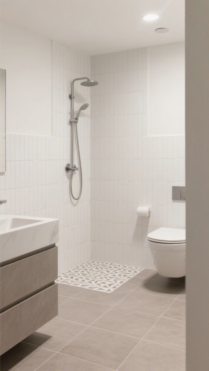 Corner wide shot: Optical-illusion tile strategy in a compact bathroom—24x24 matte porcelain floor tiles in a warm light gray with minimal grout lines for a cleaner look, vertical stack-bond white wall tiles that lift the eye, shower wall tile extended across the entire bathroom wall to visually blur shower boundaries, quiet walls with a subtly patterned geometric floor variation in the shower zone, soft natural lighting enhancing depth, photorealistic