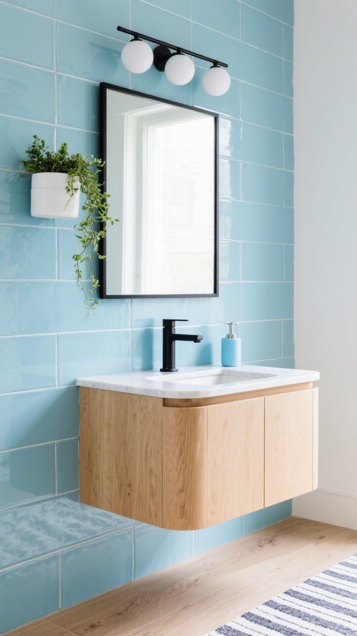 Detail closeup: A straight-on vignette of a Scandi vanity wall focusing on textures and color: glossy powder-blue subway tiles stacked vertically behind a blonde ash vanity with rounded corners and a thin-profile white quartz top. A matte black slim faucet and matching towel hook provide crisp contrast; a sleek black-framed mirror reflects a soft glow from a playful triple globe sconce above. Styling includes a white planter with faux trailing greens, a subtle striped rug edge at the bottom of frame, and a powder-blue soap dispenser tying into the tile. Light oak-look LVP floor peeks in. Bright, cheerful, calm.