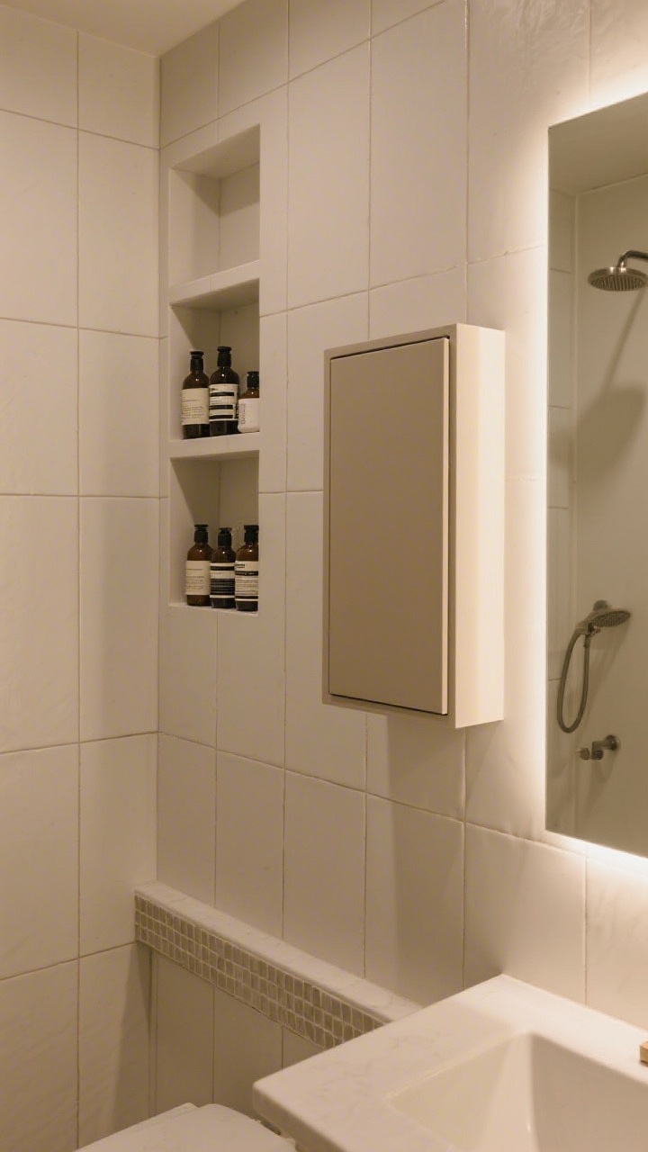 Detail closeup: Invisible storage in a tiny bath—recessed shower niche lined in the exact same tile and grout as the wall for a seamless, custom look, niche ledge running the full shower wall holding neatly arranged bottles, nearby mirrored medicine cabinet with integrated lighting barely protruding, a tall, shallow closed-front cabinet in a neutral tone within frame edge, everything tidy and built-in, warm ambient light, photorealistic