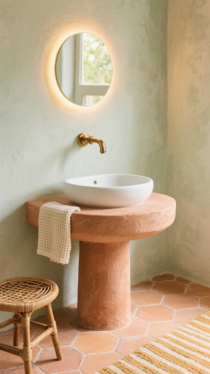 Detail closeup: Sun-kissed terracotta and plaster textures highlighted—an intimate vignette of a rounded, plaster-look pedestal vanity topped with a thin white vessel sink. Surrounding walls show light lime-wash plaster with soft, diffused variations; the floor reveals matte terracotta hex tiles in pale apricot, laid tight. Brushed champagne bronze faucet and valve shine warmly; a round backlit mirror creates a halo glow on the plaster. Styling elements in frame: cream waffle towel draped over the pedestal edge, a small rattan stool tucked nearby, and the corner of a sunny striped rug. Warm, radiant, faux golden-hour feel.