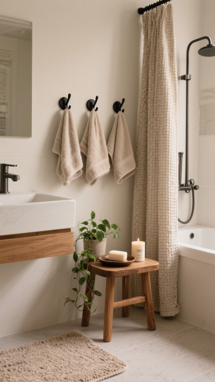Detail vignette: Accessories with jobs—a trio of matte black wall hooks arranged in a row holding plush neutral towels, a compact teak corner stool with a small plant (humidity-loving pothos) and folded towel, a small tray on the vanity corralling soap, a candle, and hand cream; waffle-texture shower curtain edge and a cushy neutral bath mat visible, metals kept consistent across faucet and hooks, styled but functional, soft warm lighting, photorealistic