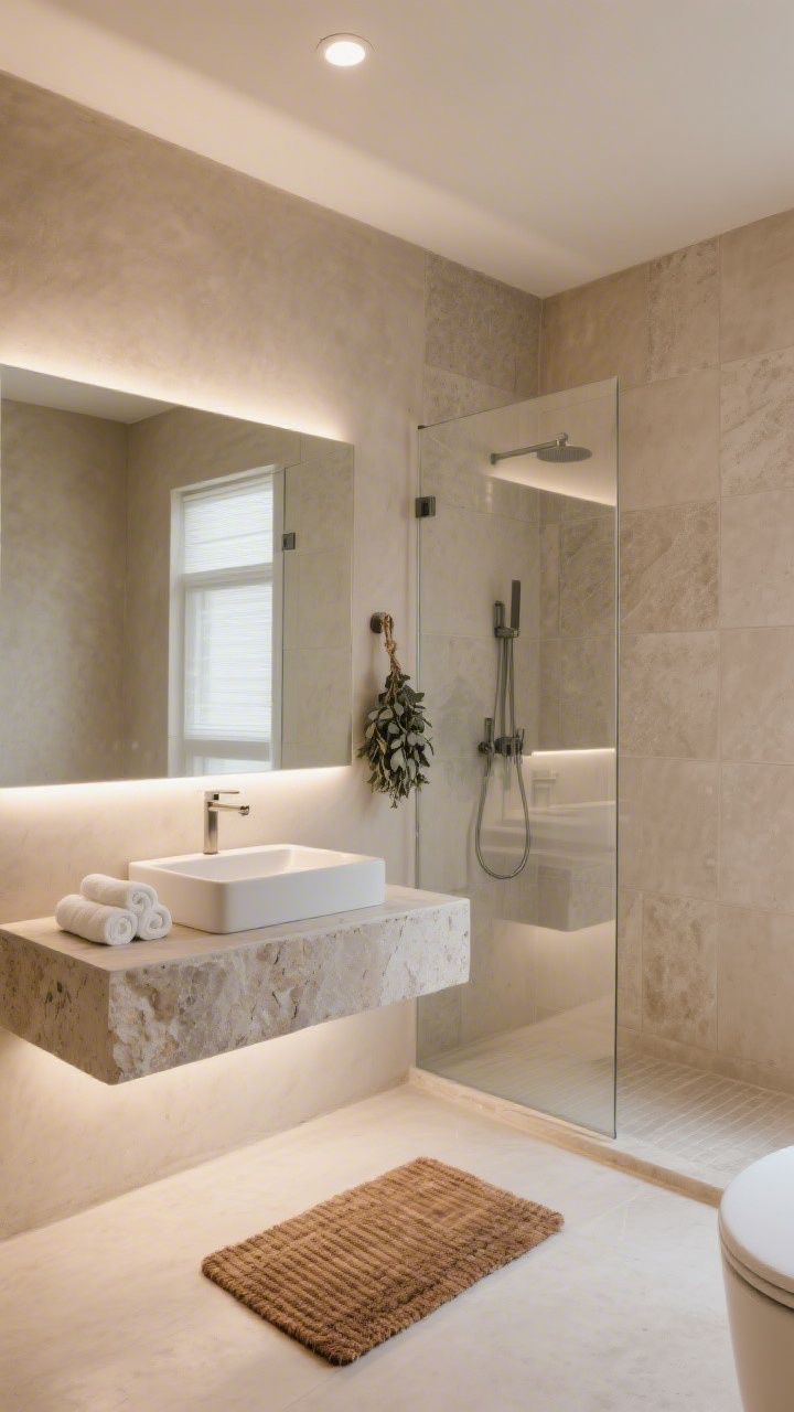 Medium shot: A serene, spa-inspired, windowless bathroom with warm greige microcement walls and a frameless glass shower enclosure lined with large-format light-stone porcelain tiles running floor to ceiling. A floating stone-look vanity with a rectangular vessel sink sits beneath a backlit LED mirror emitting even, daylight-like glow; a slim LED strip under the vanity creates a floating effect, with a dimmable can light overhead. Teak bath mat on the floor, neatly rolled white towels, and a small eucalyptus bundle hung by the shower. Colors: greige, pale taupe, soft white. Clean, tranquil, softly reflective surfaces.
