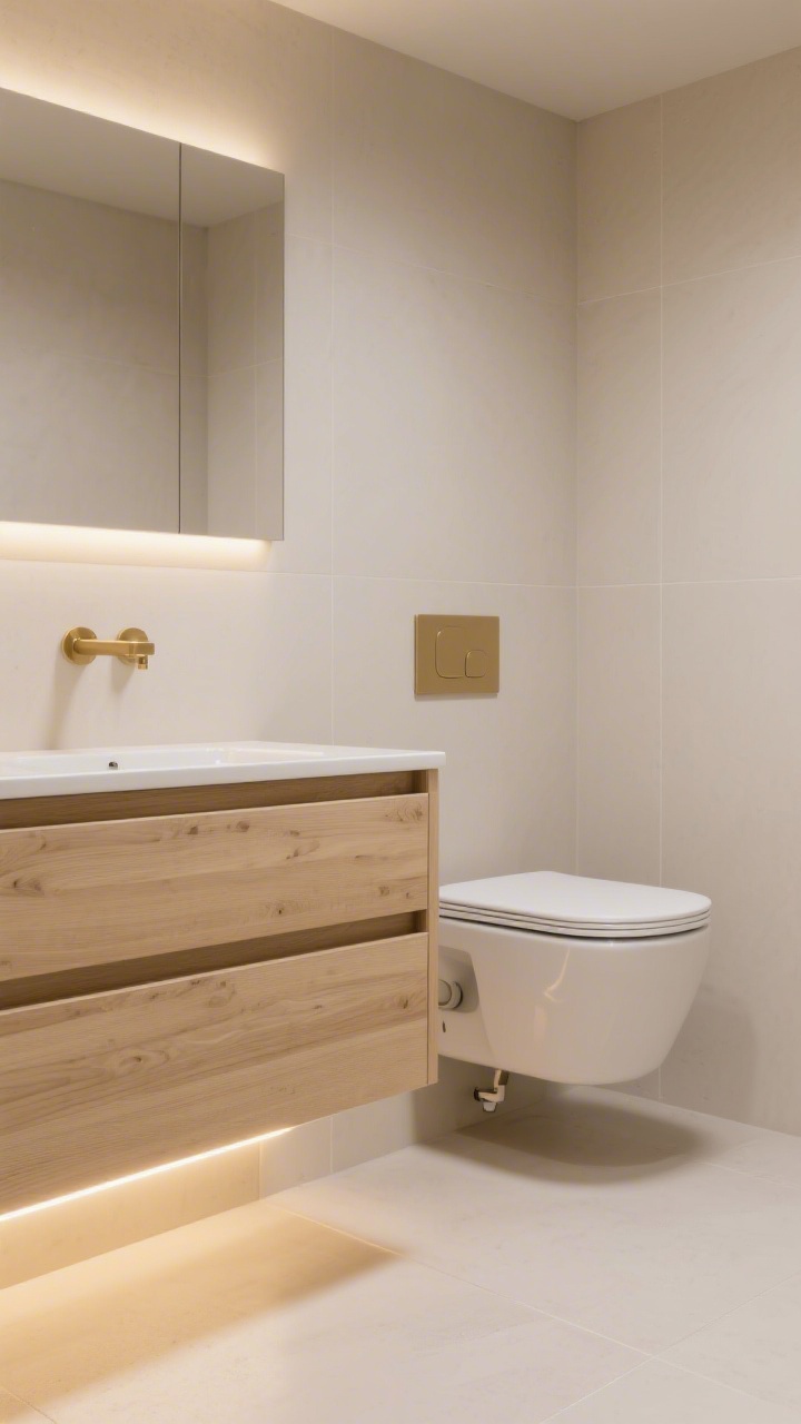 Medium shot: A small bathroom wall featuring a floating wood vanity with two sleek drawers, toe-kick underglow LED strip casting a soft warm light on the floor, a wall-mounted toilet with concealed tank for clean sightlines, consistent finishes in pale oak wood, champagne brass hardware, and a single main light neutral tile, tidy and minimal with easy-to-clean open floor visible beneath the vanity, photorealistic