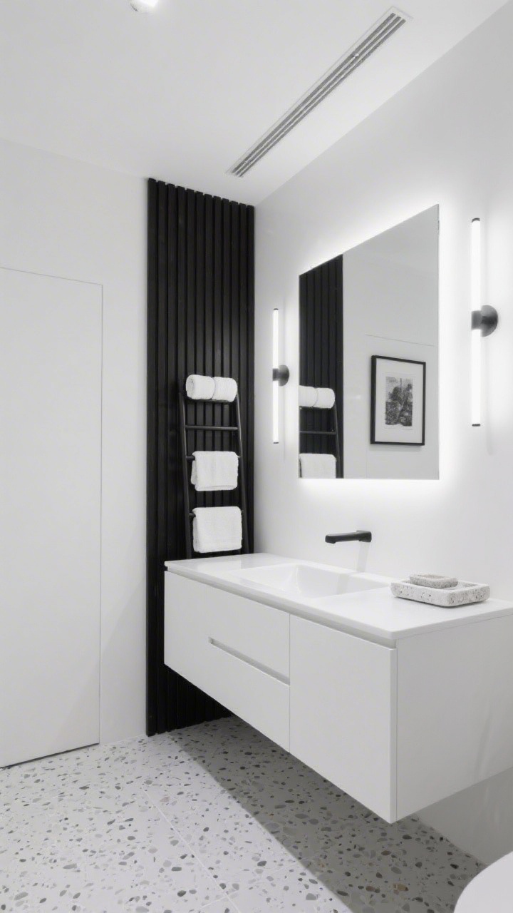 Medium shot from a side angle: Modern monochrome bathroom with crisp white satin walls and ceiling, contrasted by a thin matte black slat panel feature behind the vanity. White terrazzo tile floor with soft gray flecks bounces light. A floating white handleless vanity with a rectangular integrated sink sits below a wide edge-lit mirror that glows evenly; paired linear LED sconces extend the luminous panel effect, with a concealed ceiling strip adding ambient light. Accessories: black ladder rack with rolled white towels, a white stone tray, and a single monochrome print in a thin black frame. High-contrast, minimal, bright.