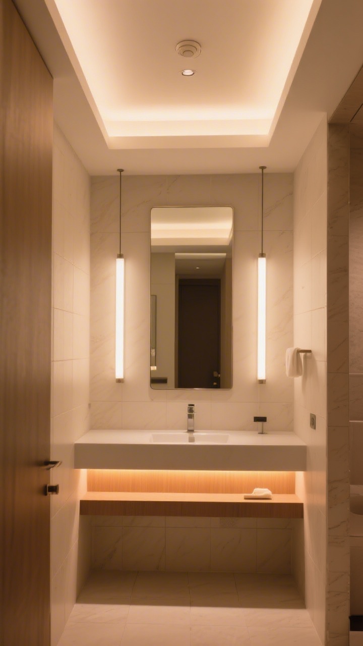 Medium shot straight-on: Boutique-hotel lighting layers—soft diffused ceiling light on a dimmer, vertical light bars flanking a mirror at eye level for shadow-free task lighting, and a warm LED strip under the floating vanity adding an accent glow; harmonious warm white light at 2700–3000K reflecting off light neutral tile and pale walls, balanced, cozy, and flattering, photorealistic