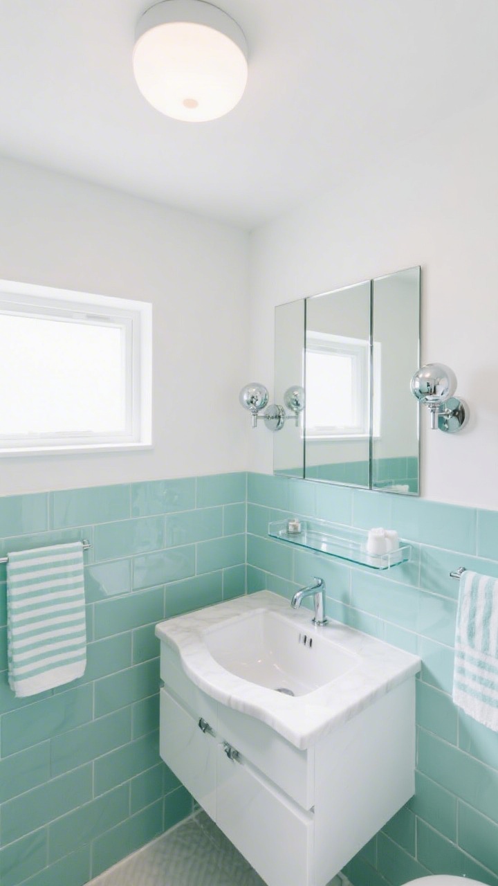 Overhead/angled medium shot: Glossy mint + mirrored bathroom with the lower two-thirds of walls clad in high-gloss mint ceramic tiles stacked horizontally to visually widen the small, windowless space; the top third and ceiling are bright white. A mirrored medicine cabinet wall with two to three seamless panels reflects the room, enhancing brightness. A lacquered white vanity with slim chrome hardware and a curved-edge quartz top sits below chrome globe sconces; a clear acrylic shelf holds minimal accessories. Striped mint-and-white towels add a fresh pop. Chrome, mint, and white palette; shallow ceiling drum light for ambient illumination. Photorealistic, crisp, and reflective.