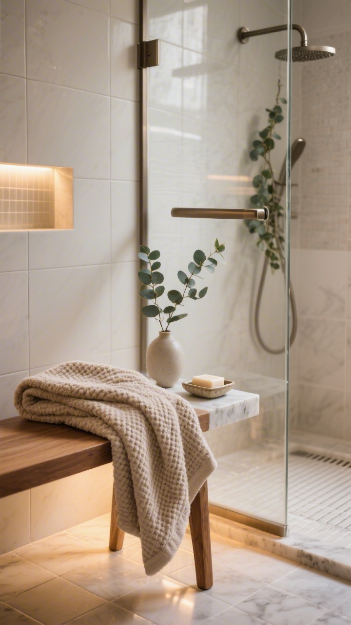 Photorealistic closeup/detail vignette capturing tactile luxury: heated large-format tile floor subtly glowing; a thick plush Turkish towel and waffle robe folded on a small wood bench that warms the tile environment; a solid, weighty brushed metal shower door handle catching light; a small marble ledge with a single ceramic tray holding hand soap and a tiny bud vase; a fresh eucalyptus sprig hanging in the shower area hinting at a subtle scent; soft, spa-like lighting, minimal styling, no people.