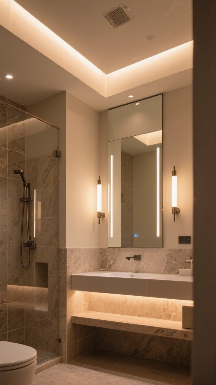 Photorealistic detail/medium shot focused on layered lighting in a compact bathroom: ceiling with slim, damp-rated recessed LED ambient lights; a vanity mirror flanked by two eye-level vertical sconces casting flattering task light; subtle LED strip accent glow under a floating vanity toe-kick and inside a shower niche; warm 2700–3000K color temperature with high CRI rendering natural skin tones and enhancing tile color; dim, boutique-hotel vibe with controlled reflections on a light neutral wall and stone-look surfaces, no people.