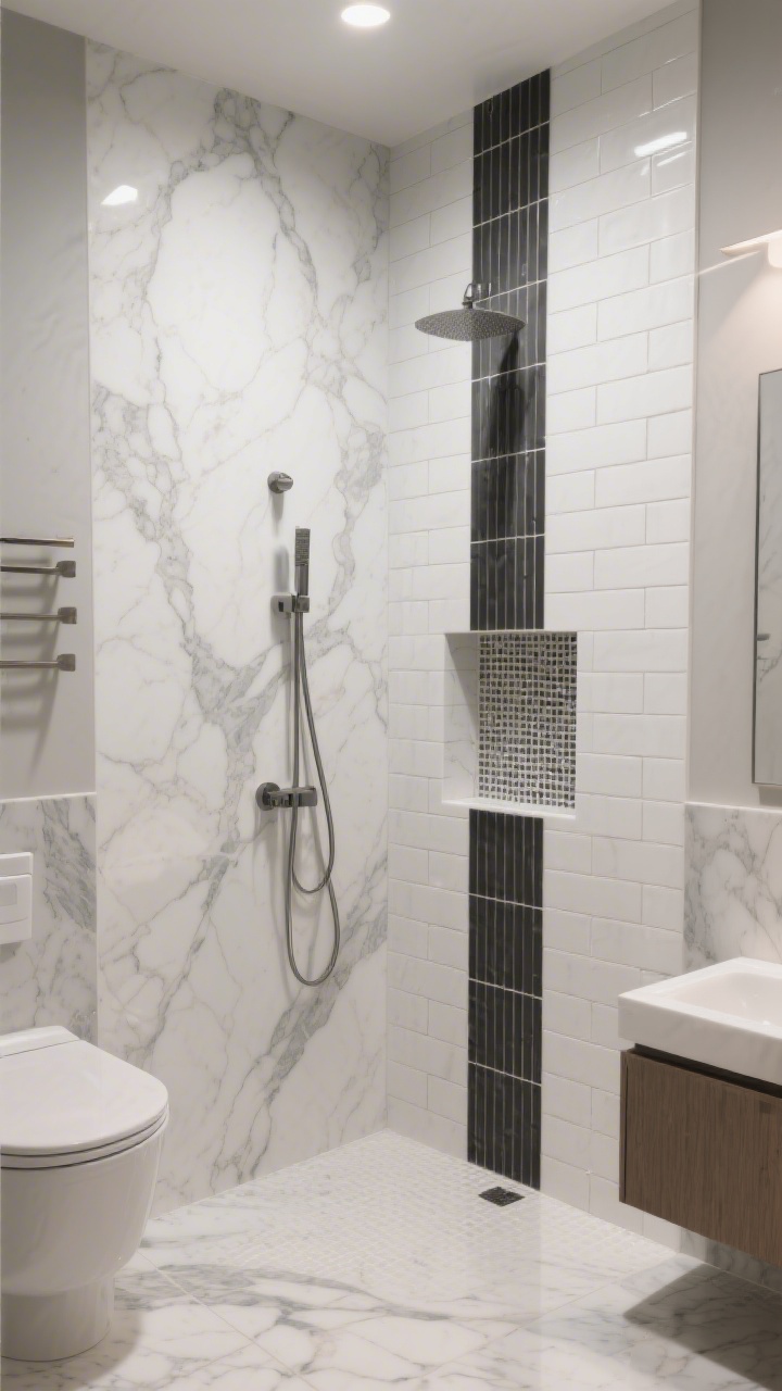 Photorealistic medium shot of a small walk-in shower and bathroom corner showcasing statement tile: large-format porcelain slabs with a marble-look veining used continuously on shower walls and bathroom floor for a seamless, expansive feel; vertically stacked white subway tile on one accent wall to draw the eye up; a micro-mosaic tile niche inset in the shower as a subtle textured accent; high-contrast charcoal grout on the vertical stack for crisp lines, minimal pattern elsewhere to avoid visual noise; soft, even ambient bathroom lighting emphasizing reduced grout lines and the luxurious slab surface, no people, clean and modern, spa-like mood.