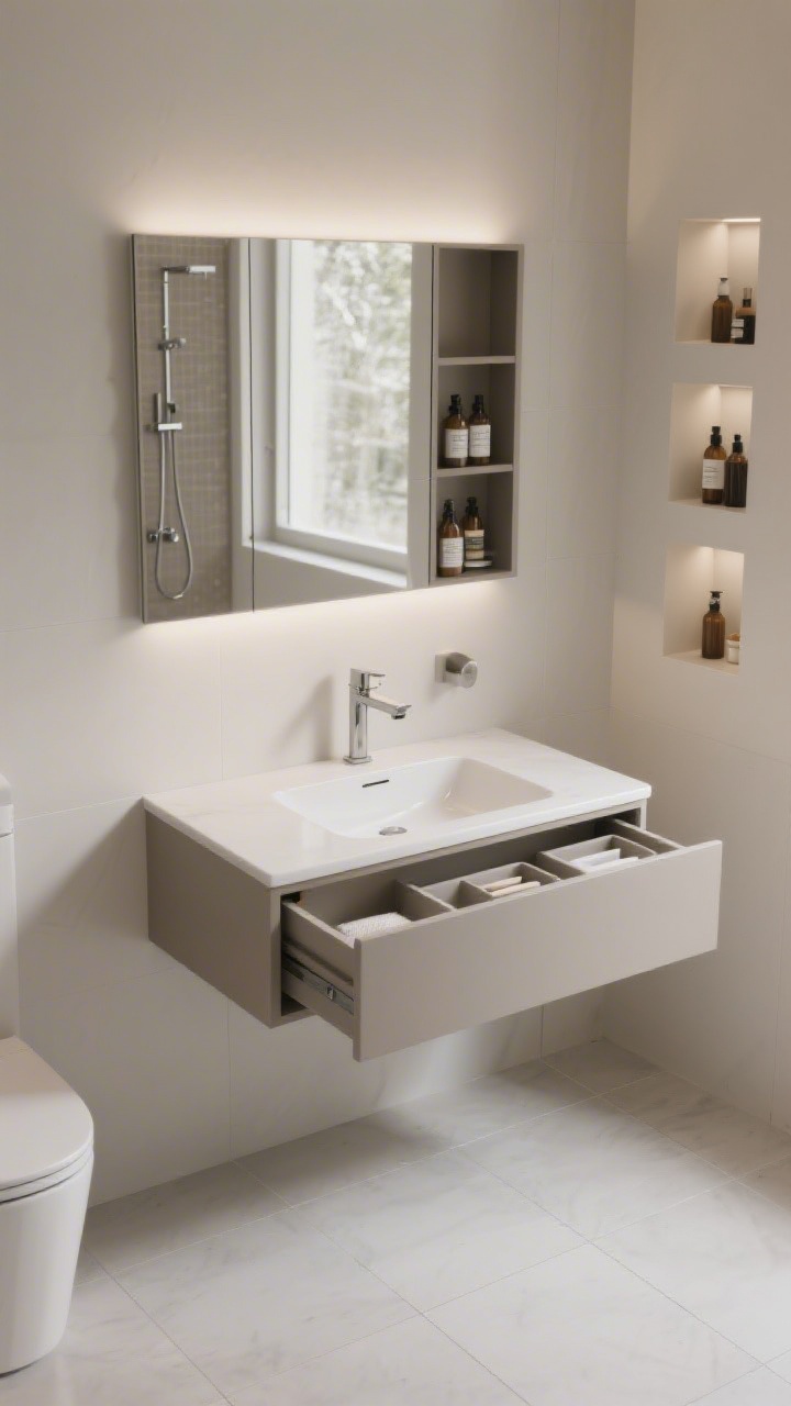 Photorealistic straight-on medium shot of a floating vanity in a small bathroom: wall-mounted vanity hovering above continuous floor tile, solid-surface countertop with integrated sink for minimal seams, paired with a slim wall-mounted faucet; a recessed medicine cabinet with beveled mirror above; open vanity drawer showing tidy drawer organizers; in-shower built-in niches sized for full-size bottles; clutter-free styling and soft, even lighting highlighting the clean lines and easy-to-clean floor reveal, spa-like and modern.