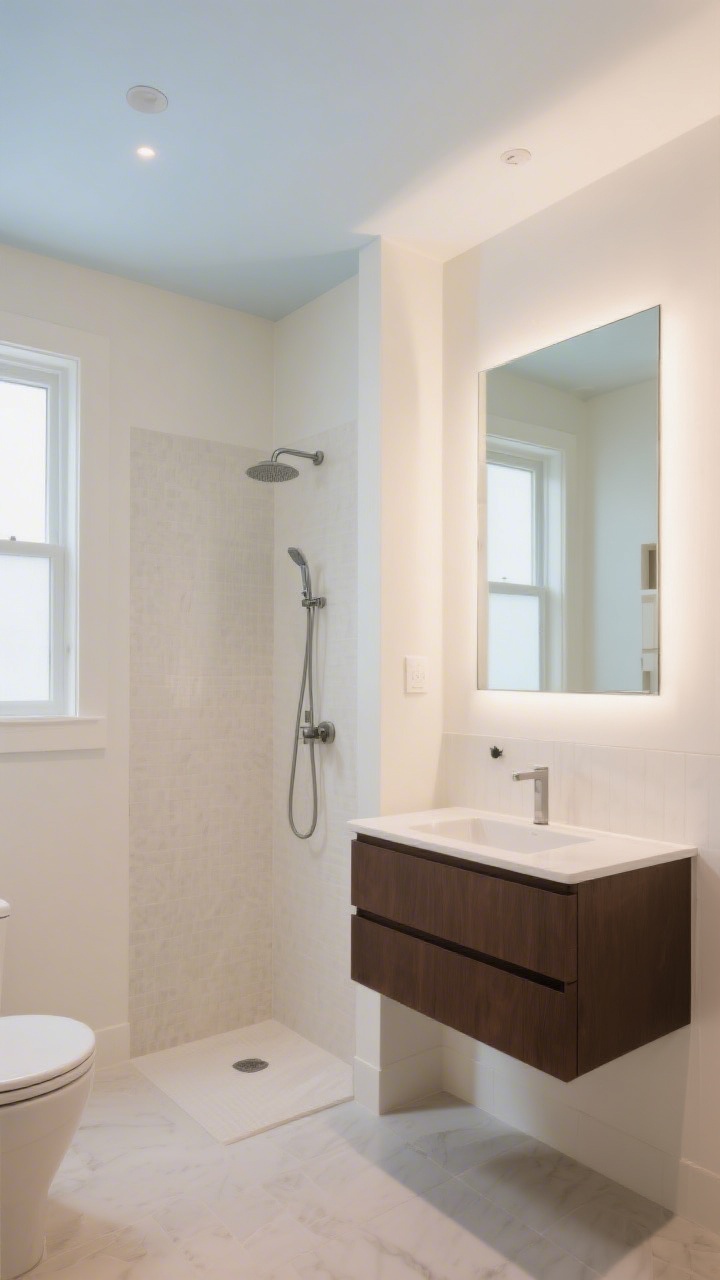 Photorealistic wide shot of a small bathroom using color and contrast to expand space: a monochrome walk-in shower where floor and walls share the same soft creamy neutral tone to blur boundaries; bright warm-white walls contrasted by a deep espresso floating vanity; an oversized wall-to-wall mirror above the vanity amplifying light; ceiling subtly painted a misty pale blue for added depth; gentle, warm ambient lighting complements the creamy neutrals, no windows visible, airy yet rich mood.