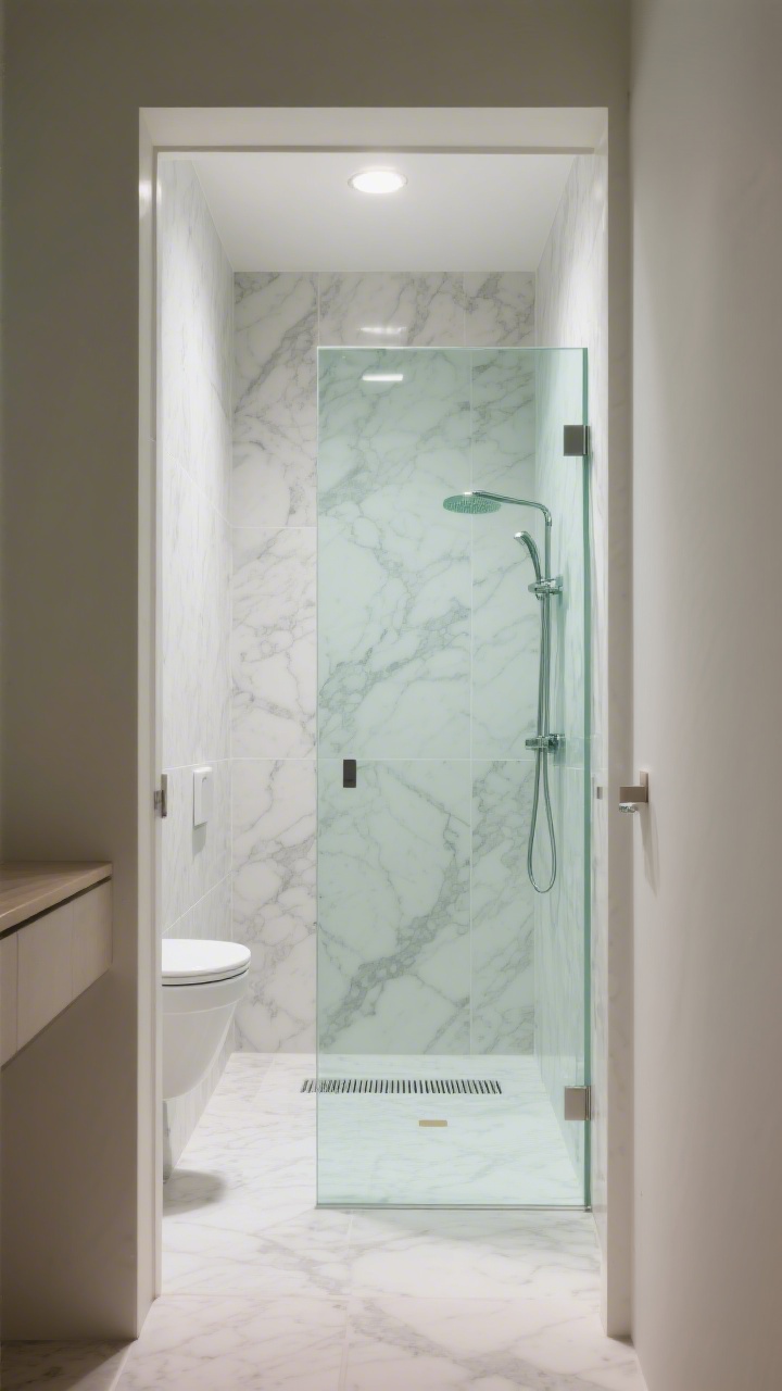 Photorealistic wide shot of a tiny bathroom featuring a frameless walk-in shower: a single fixed low-iron glass panel, full ceiling height, with ultra-clear transparency (no green tint) so the marble-look wall tile shines; nearly invisible minimal hardware, linear drain at the far wall, open “walk-through” entry; anti-spot coated glass sparkling under gentle diffused light; perspective from the doorway showing uninterrupted sightlines and airy, gallery-like feel, neutral palette, no heavy frames, sleek and minimal ambience.