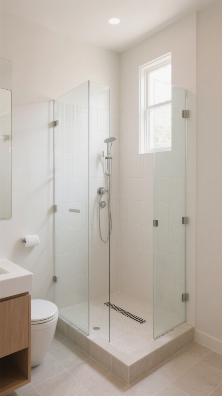 Wide shot: A tiny bathroom showcasing a curbless walk-in shower with clear glass panels and a continuous floor of large-format light neutral tile running seamlessly into the shower, linear drain centered along the far edge, wall tile grout carefully color-matched to soft warm white tiles in a vertical stack bond, minimal hardware, soft diffused daylight from an unseen window, clean lines and open sightlines that make the 3’x4’ shower footprint feel expansive, spa-like and modern, photorealistic