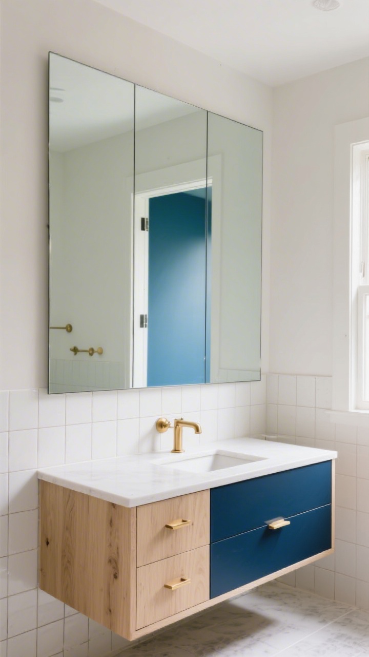 Wide shot: Mirror and color magic—an oversized, wall-to-wall frameless mirror above a compact vanity, tight tonal palette of warm whites on walls and tile, pale oak vanity, and champagne brass faucet and pulls; micro-contrast with slightly darker grout and soft putty wall undertones; the vanity finished in a deep ink blue that anchors the room while light surroundings keep it airy, subtle daylight and gentle ambient illumination, photorealistic