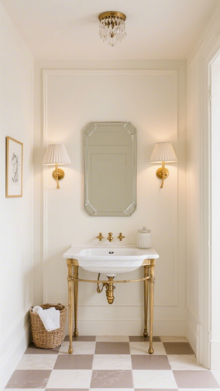 Wide shot: Parisian-inspired powder room captured straight-on, with soft cream painted walls and narrow picture-frame molding adding refined dimension. The floor features a petite cream-and-taupe checkerboard ceramic tile pattern. A petite console sink with polished brass legs and fittings sits beneath a beveled rectangle mirror; pleated linen-shade sconces in lacquered brass flank the mirror, casting warm, flattering light, with a small chandelier-flush fixture on the ceiling. Under the sink: a basket for guest towels; on the counter: a fluted glass canister; on the wall: a tiny framed sketch. Cream, soft taupe, polished brass. Chic and luminous.