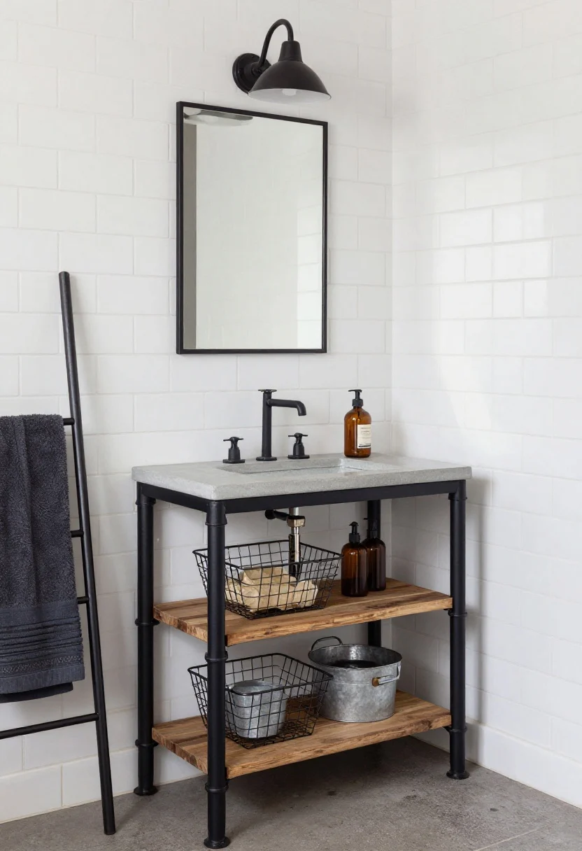 Angled medium shot of an industrial pipe-leg vanity base finished in matte black with a lightweight concrete-look top. Beneath, a reclaimed wood shelf holds wire baskets. Walls are white subway tile with dark grout, featuring a rectangular metal mirror above and a gooseneck wall light. A black towel ladder leans nearby; amber soap bottles and a galvanized bin provide rugged accents. Neutral, cool lighting for a practical, urban feel.