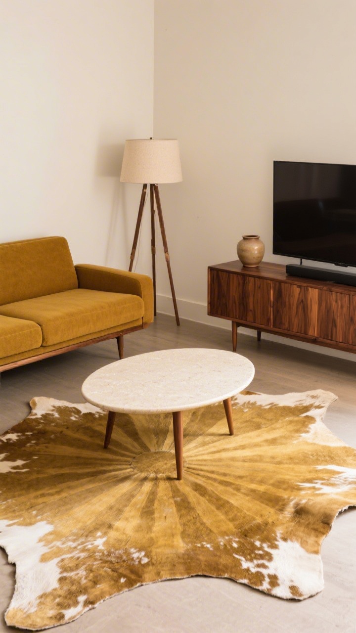 Angled medium shot, Warm Mid-Century Perch With Angled Layout: warm walnut sofa rotated about 15 degrees toward a corner-mounted TV, low oval coffee table centered on a sunburst rug in muted golds, tripod floor lamp, teak media cabinet on pencil legs, ceramic planter; palette of mustard, walnut, cream, oil-rubbed bronze; include an organic-shaped or cowhide rug subtly angled to echo the layout.