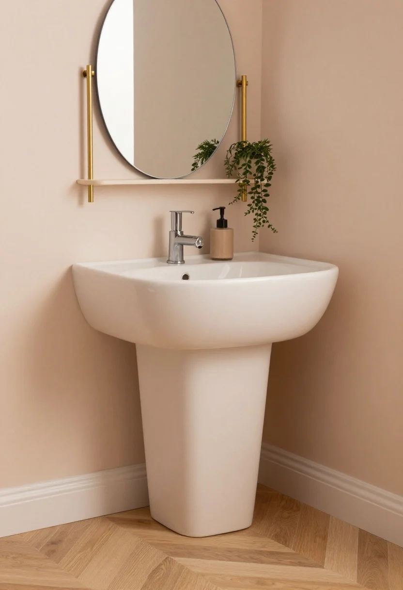 Closeup detail at a corner angle: a compact corner vanity with a petite pedestal base and triangular basin, showcasing its curved edges. Above, a rounded corner mirror with slim brass pencil sconces mounted vertically on either side. Pale blush walls and herringbone oak-look tile floor visible in the background. Accessories: a slim corner shelf with a delicate soap pump and a petite hanging plant. Soft, warm lighting to emphasize sculpted, space-smart design.