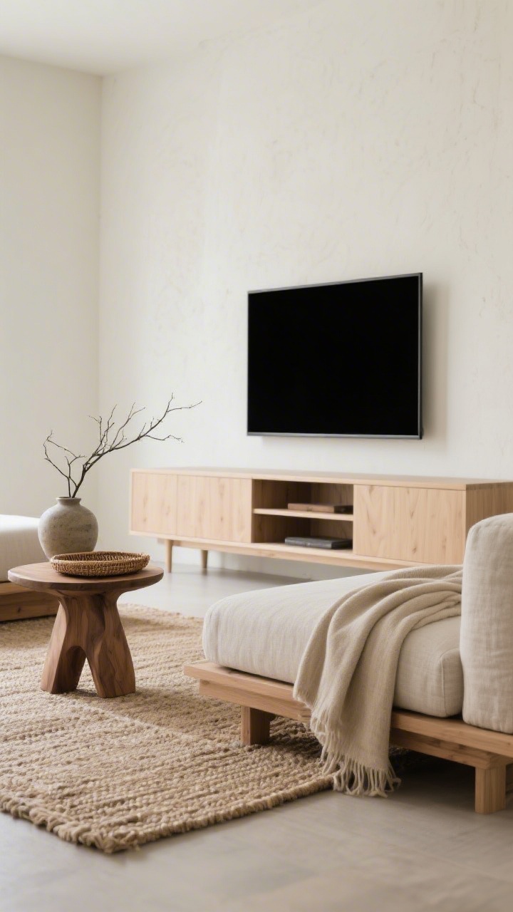 Closeup detail, Japandi Calm With Layered Neutrals: focus on linen bench sofa with wood platform base facing a pale ash media console; off-white limewash wall with TV in a minimalist black frame; textures of a wool-and-jute rug beneath, sculpted oak side table holding a stoneware vase with branches and a sand-toned throw in a woven tray nearby; soft diffused daylight, serene neutral palette, clear pathways implied by armless seating.