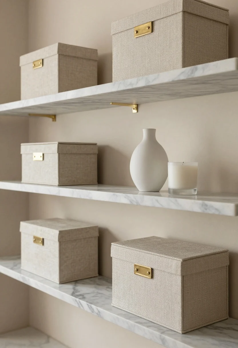 Closeup detail of minimal luxe storage: a trio of thin marble shelves with soft gray veining, mounted on nearly invisible brass pins against warm greige walls. On shelves: linen-wrapped storage boxes with brass label holders, a single sculptural white vase, and a small travel candle. Unlacquered brass fixtures nearby, showing gentle patina; soft, diffused lighting accentuating micro-edge profiles.