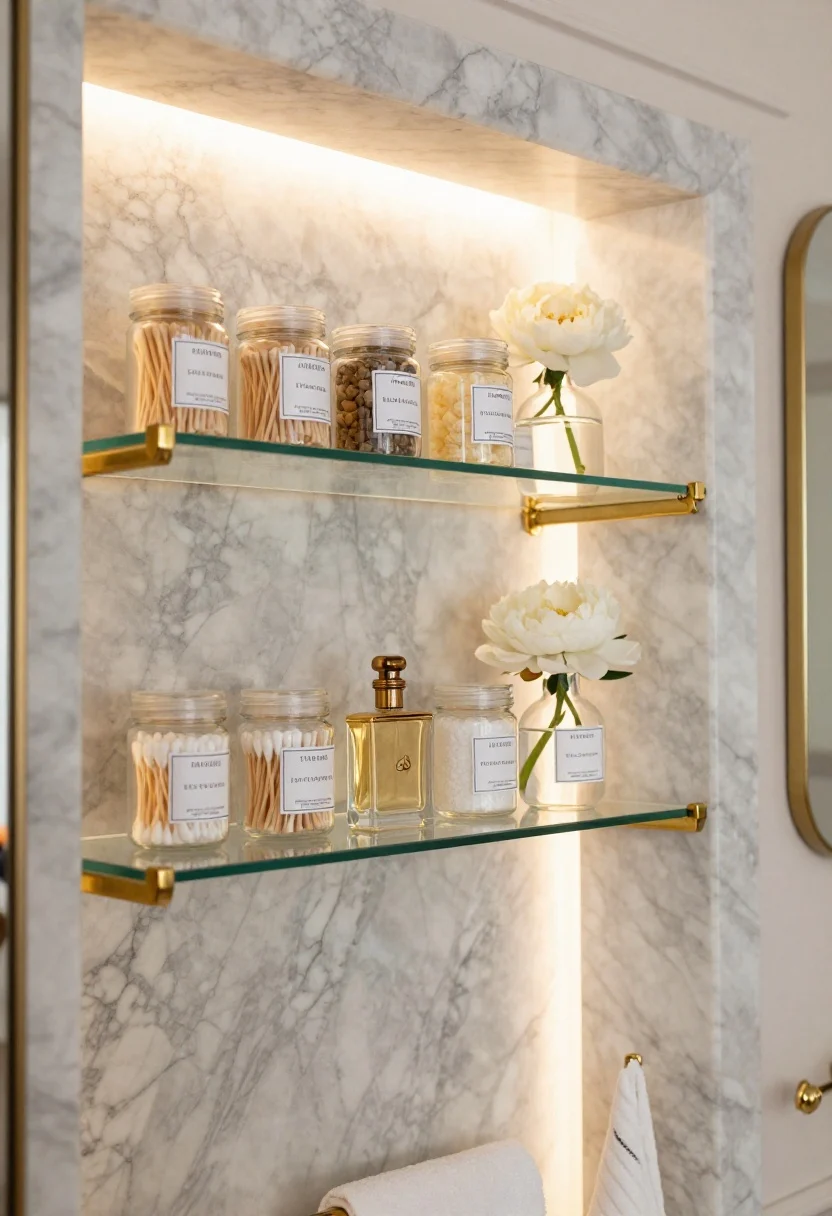 Closeup detail of Parisian pharmacy styling: two tempered glass shelves floating on polished brass brackets before a carrara marble backsplash, warm 2700K lighting making the marble veining glow. On shelves, matching labeled jars for cotton swabs and bath salts, a vintage perfume atomizer, and a single white peony in a bud vase; a brass pivot mirror edge visible in frame, with a hint of a slim French hotel towel rack.