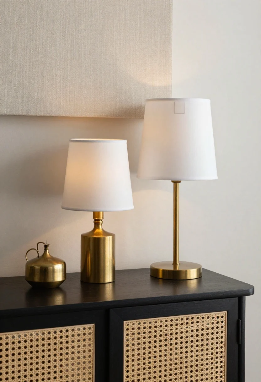 Closeup detail, practical takeaways styled vignette: a small side console displaying a mix of finishes—brass, matte black, and rattan—arranged with layered light sources at multiple heights; a dimmer switch in frame, white/opal lamp shades visible to suggest high output; warm 2700–3000K bulbs glowing; subtle reflections on brass, woven rattan texture, and linen shade weave highlighted; overhead-and-side lighting combo showing layered overhead, task, and accent philosophy; photorealistic, no people.