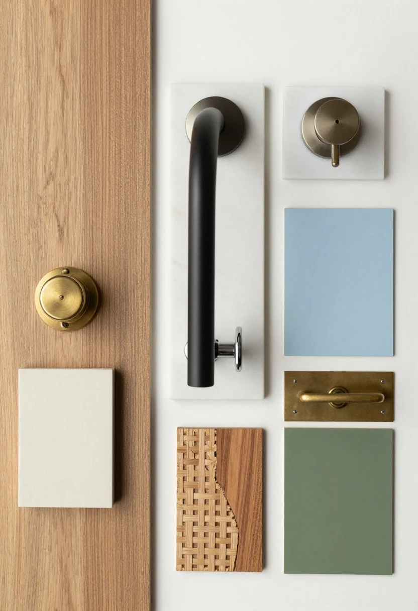 Closeup finish board styled on a pale surface: warm oak sample beside brushed brass hardware and creamy white paint chip; matte black faucet paired with a small marble slab and chrome pull; cane weave swatch next to nickel finish and a sky-blue paint chip; walnut veneer beside antique brass hardware and olive green paint card. Soft, even studio lighting to clearly render textures and color accuracy.