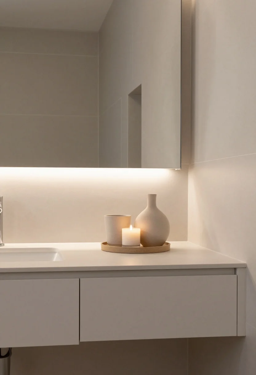 Closeup, serene vignette: Smart, subtle add-ons—dim-to-warm LED strip glow under a floating vanity edge; a recessed shower niche perfectly aligned with grout lines; a single tray on the countertop holding one ceramic vessel and a candle; soft-close drawer slightly ajar to suggest silence; a discreet label on a water-efficient faucet; overall lighting mellow and calming, no people, photorealistic.