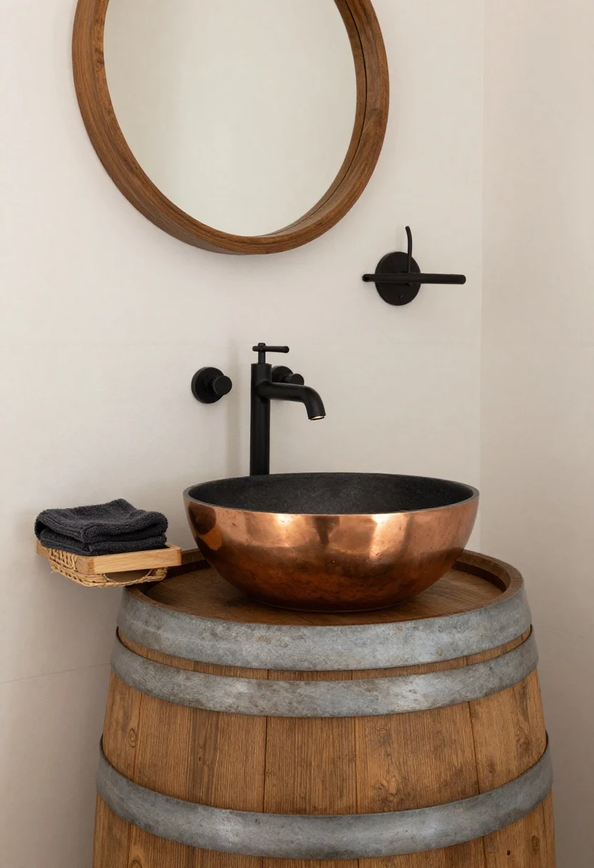 Closeup three-quarter view of a half-depth oak barrel vanity tucked into a nook, topped with a copper (or black stone) bowl sink. Matte black wall-mounted faucet contrasts with limewashed walls; slate-look porcelain tiles underfoot. A round wood-framed mirror and a simple iron sconce add rustic-modern charm. Accents: woven hamper, cedar soap tray, charcoal hand towel. Warm, cozy lighting emphasizing texture and grain.