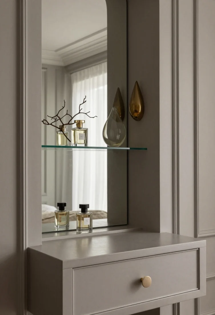 Closeup vignette, angled: A shallow niche lined with antiqued mirror panels, framed by fine millwork in refined greige. Inside, a slim glass shelf displays a fragrance bottle and a sculptural branch; a teardrop sconce is mounted within the niche, its soft gold accent warming the mottled mirror. Below, a compact vanity in smoked eucalyptus veneer. Capture the recessed depth, softened reflections, and bespoke composition with luxe textures.