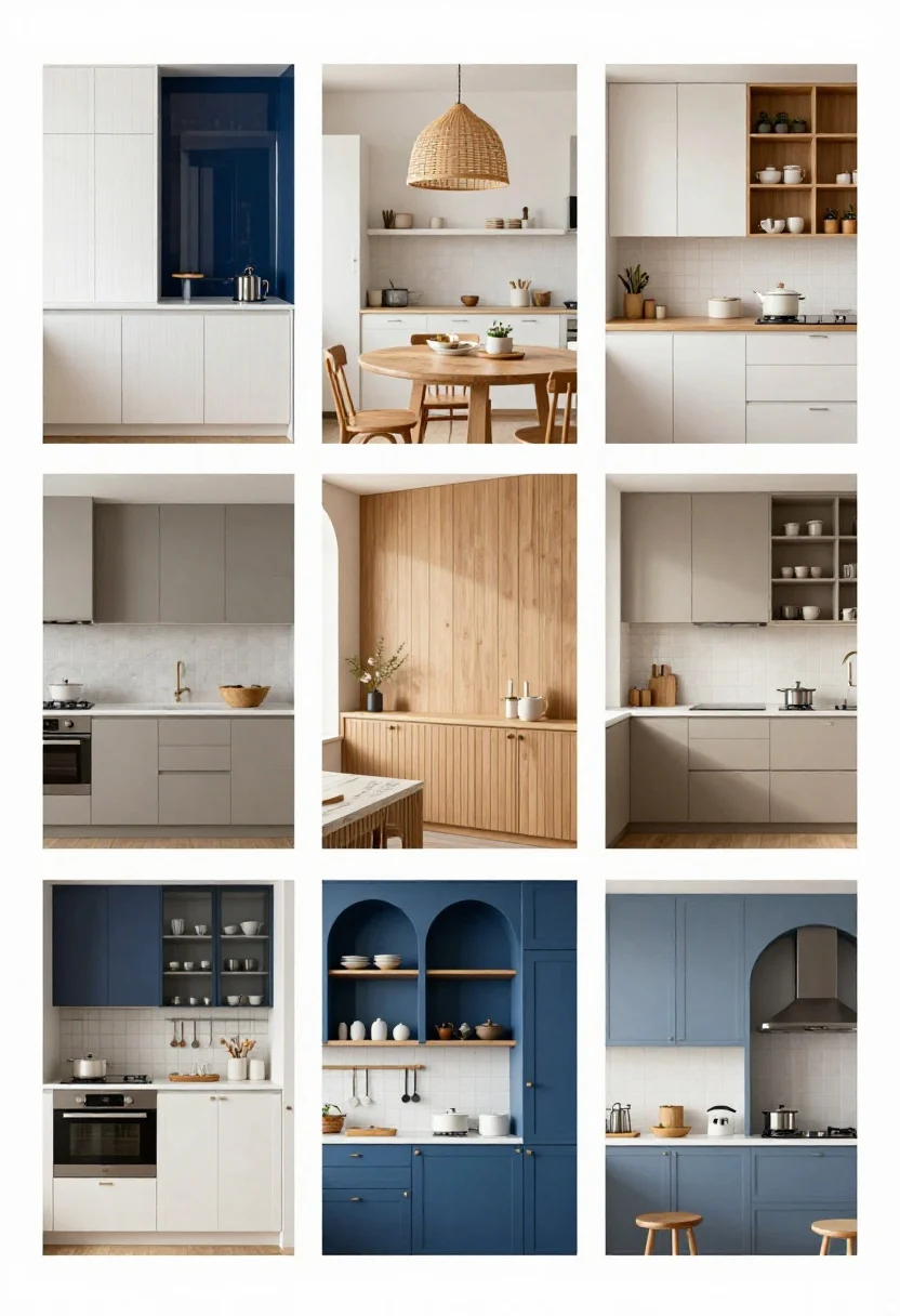 Conclusion-inspired composite vignette: an artful grid of nine miniature, photorealistic kitchen snapshots representing the distinct moods from Scandi brightness to moody glamour to chef-level efficiency—each tile showing key elements like white slab cabinets with vertical tile, glossy ink-blue with smoked mirror, buttercream café with rattan pendant, greige monochrome slab backsplash, taupe farmhouse with beadboard, glass-and-steel loftette, coastal blue with arches, Japandi fluted oak with microcement, and high-contrast chef’s line; clean neutral backdrop, soft studio lighting, no people, emphasizing color, light, texture, and clever storage.