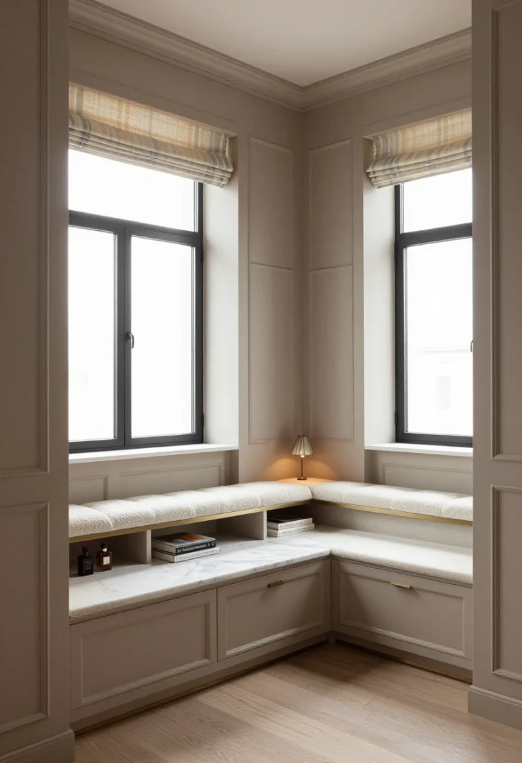 Corner-angle wide shot capturing flow and the window: A queen bed anchored diagonally into a corner wrapped in pale taupe paneled millwork; the headboard spans both walls and curves gently at the corner, upholstered in ivory bouclé. Beneath the adjacent window, built-in base cabinets form a cushioned window seat with deep drawers; the millwork run continues past the bed as slender cabinets—one shallow for perfumes and books, one deeper for sweaters—unified by a continuous honed marble slab top with brushed brass edge trim. Lighting includes a petite pleated lamp on the stone run and a pinpoint reading light tucked into the headboard curve; style with a tailored Roman shade in a soft stripe for a serene, luxury editorial mood.