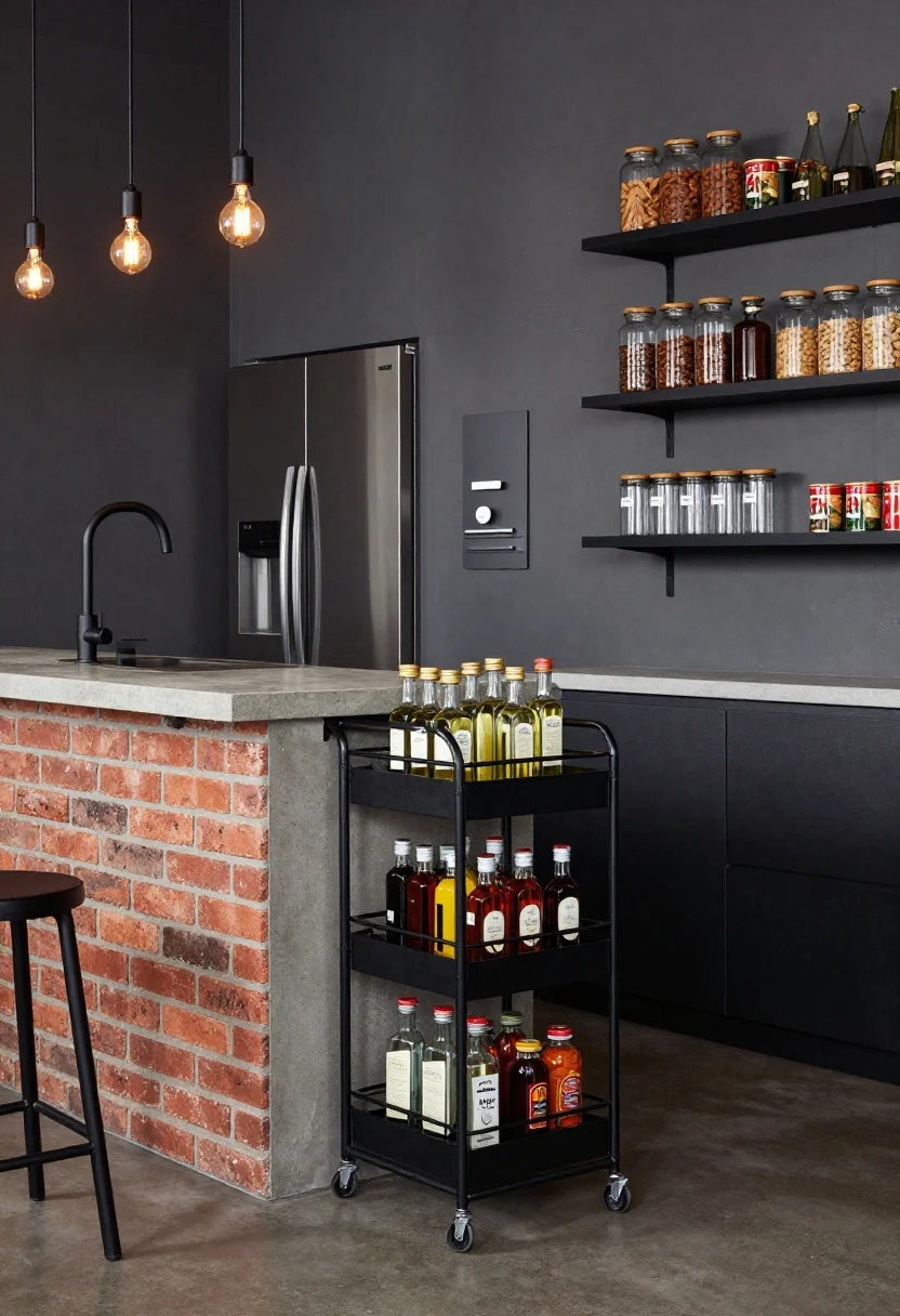 Corner-angle wide shot, Industrial Chic: exposed brick wall (or brick tile), concrete-look counters, black steel bracket open shelves with labeled glass storage jars; slim rolling pantry cart (10–12 inches deep) pulled out from between fridge and wall showing tiered baskets with oils, sauces, and cans; magnetic knife strip mounted nearby; matte black faucet and glowing filament bulbs overhead; palette charcoal, brick red, black steel, clear glass; moody loft ambiance with warm highlights.