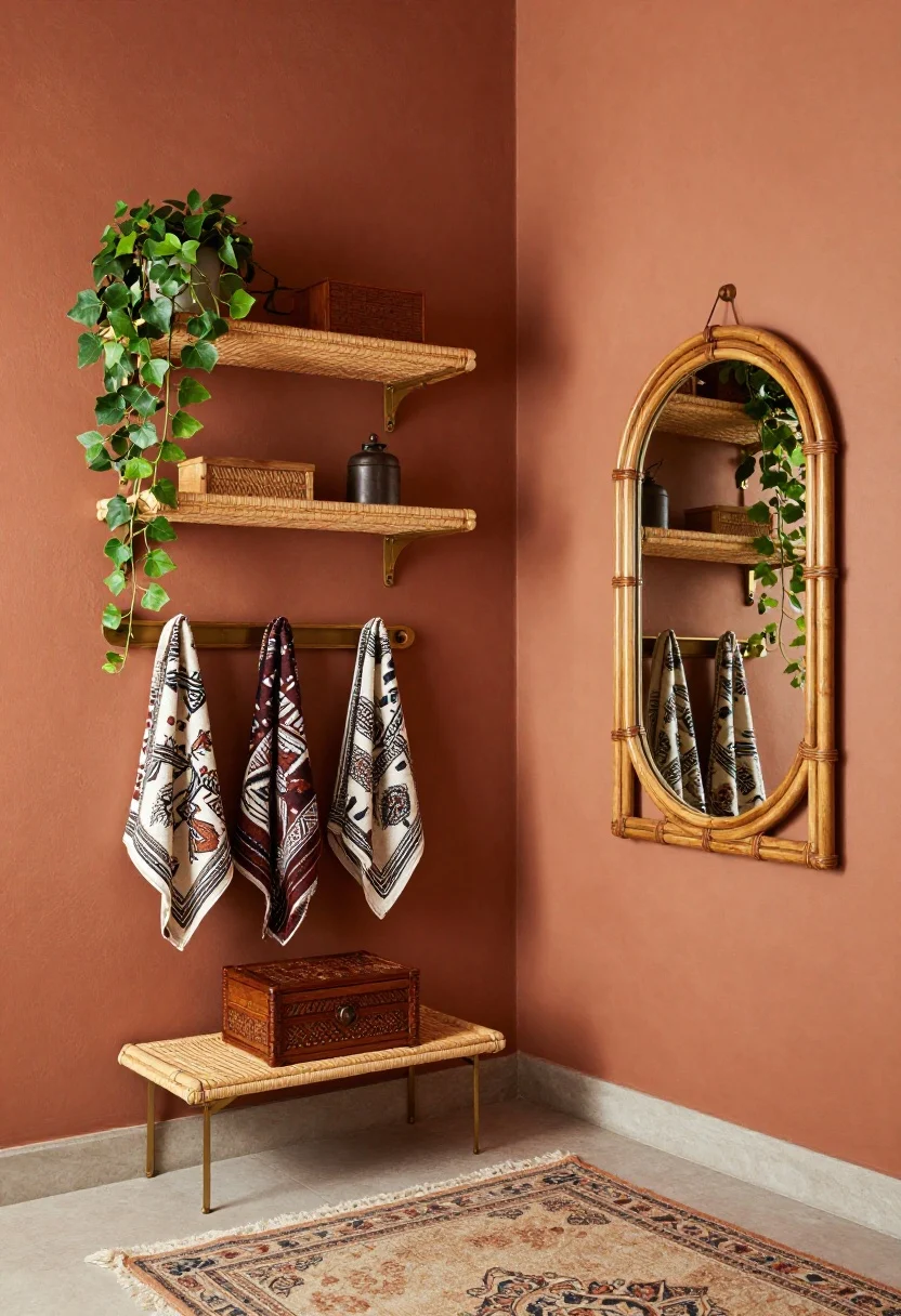 Corner medium shot of a boho botanica setup: two arched rattan wall shelves mounted on a terracotta-colored accent wall, styled with trailing ivy, patterned Turkish towels, and a carved wood trinket box. A round bamboo mirror anchors the scene; a low-pile vintage-look kilim bath mat on the floor. Brass or aged bronze fixtures visible; warm, earthy light with lush greenery.