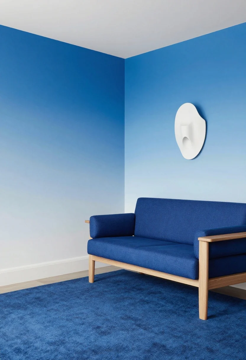 Corner wide shot: Monochrome blue gradient—sky-blue walls, medium-blue wool rug, and an inky-blue accent chair; natural maple/beechwood legs on furniture, crisp white ceiling for contrast; a sculptural white wall sconce and abstract blue prints echo the spectrum; balanced daylight, elongated feel, photorealistic.