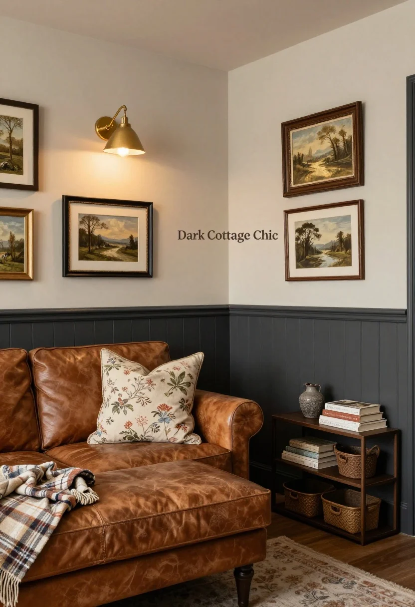 Cozy corner medium shot: “Dark Cottage Chic” with charcoal beadboard/paneling on the lower wall and soft greige above. A compact slipcovered loveseat, a worn leather ottoman as a coffee table, and a narrow console with baskets/books. Floral-but-muted pillows, a plaid throw, and vintage oil landscapes in mismatched frames on the wall. Warm brass sconces with fabric shades casting evening glow. Moss and faded floral accents, intimate and snug.