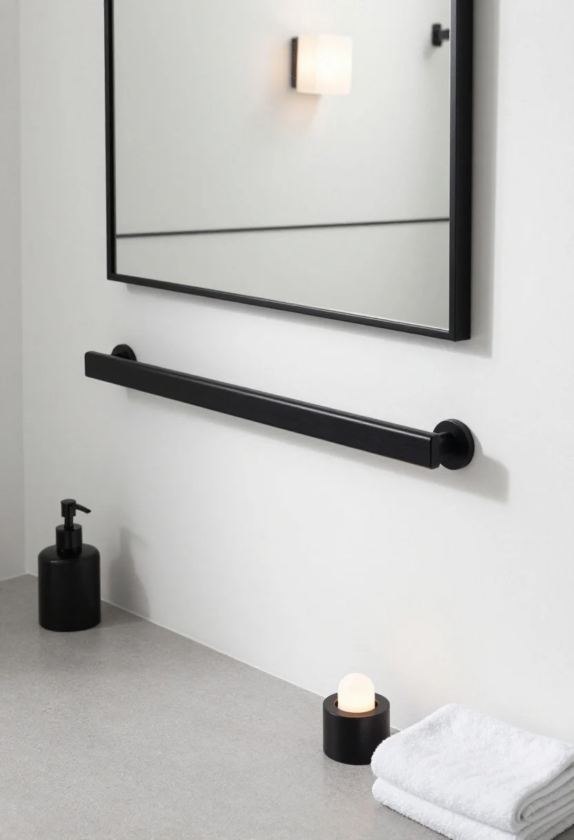Detail closeup, angled: Graphic black-and-white linework—skinny matte black steel mirror frame, slim black towel rail, and thin black shower trim against pristine white walls; a honed charcoal floor provides soft texture; a single cube sconce with opal glass casts a calm glow; black soap dispensers and folded white towels underscore the tailored, minimal rhythm.