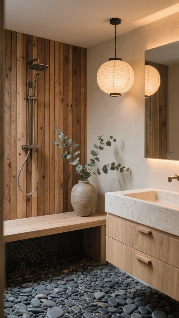 Detail closeup at seated eye-level of a Japandi spa corner: vertical cedar slat wall meeting a pebble-texture charcoal shower floor; a built-in shower bench with a single eucalyptus branch in a ceramic vase; nearby, a low-profile cream stone basin atop a pale ash vanity with finger-pull drawers; warm layered lighting from a paper lantern above and hidden warm LED strip under the vanity; serene, tactile textures.