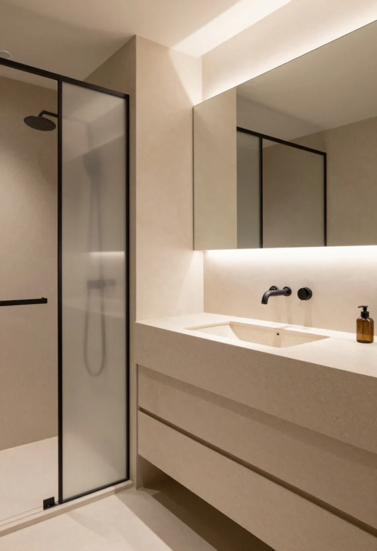 Detail closeup at vanity and shower junction: Soft sand-beige walls and matching microcement-look shower surround with velvety texture, contrasted by matte-black thin-frame shower screen and matte-black tapware. A honed travertine console vanity with a trough sink sits light and sculptural. Warm LED downlight and a narrow mirror uplight create quiet drama and sculptural shadows. Materials-focused, resort-luxe, serene tonal palette.