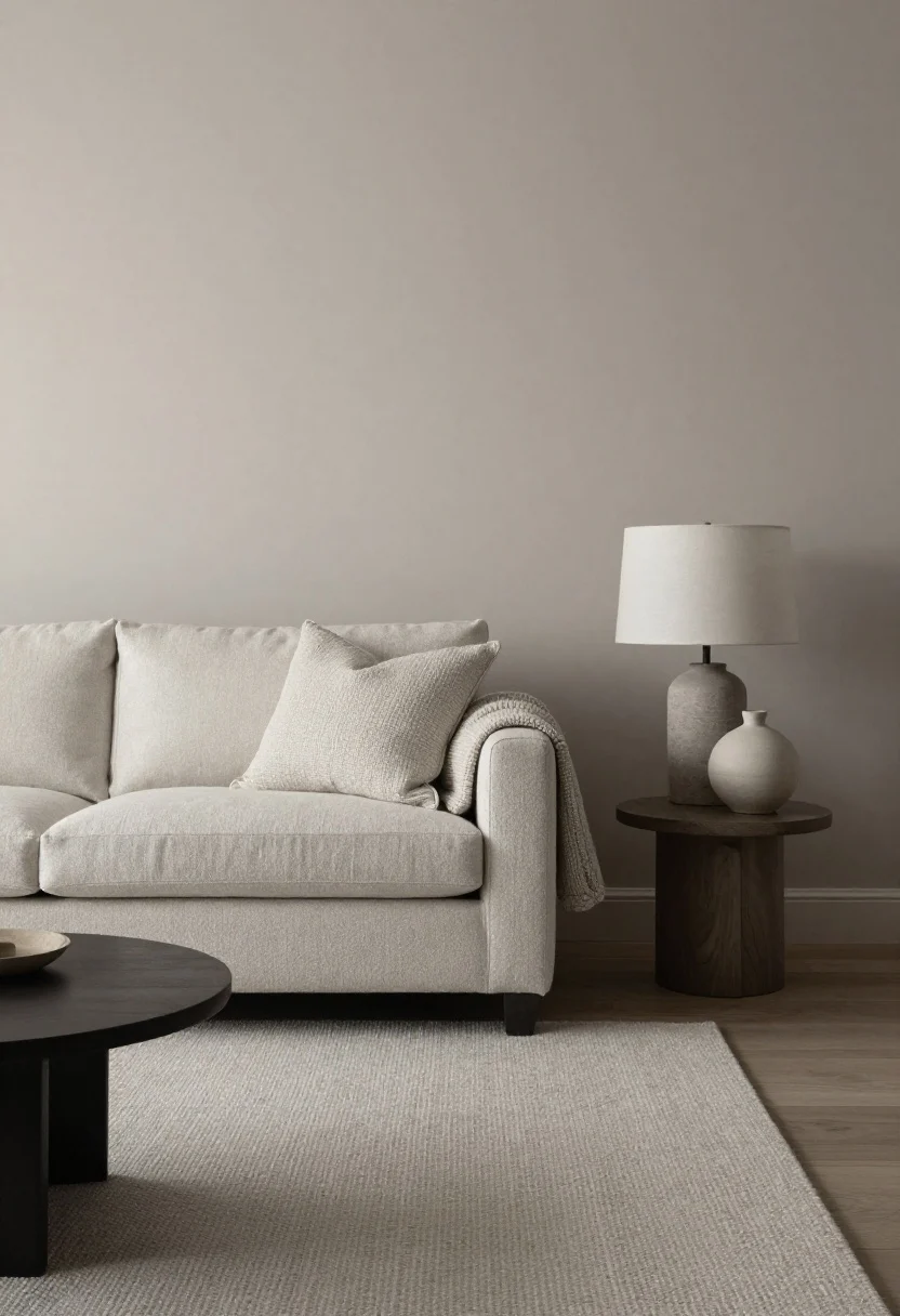 Detail closeup: Greige monochrome palette—soft greige wall behind a slightly lighter greige sofa and a slightly darker greige rug; tactile textures in focus: bouclé upholstery, woven linen pillows, and a nubby knit throw; a plaster-look table lamp and matte ceramic vases provide sculptural, color-quiet accents; calm, seamless mood, photorealistic.