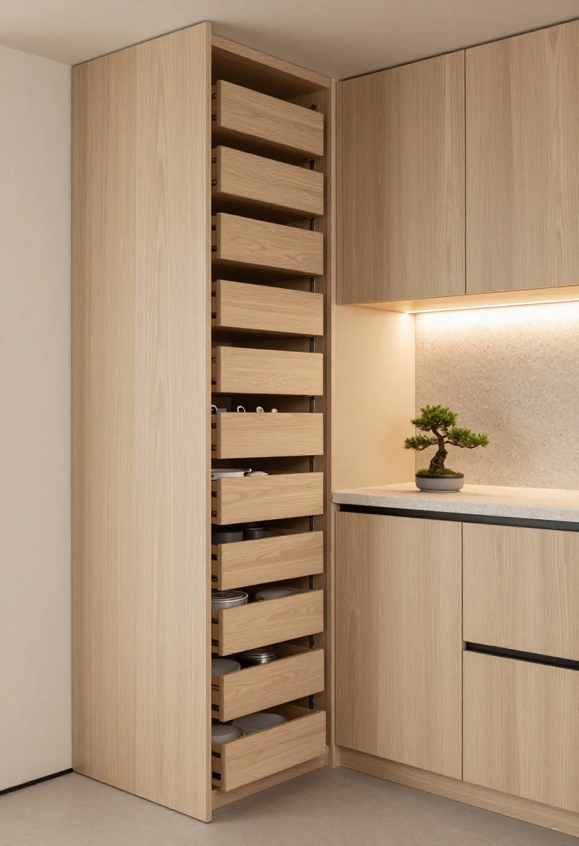 Detail closeup, Japandi Calm pantry: vertical light ash wood slatted floor-to-ceiling pantry door half open to reveal tiered pull-out drawers forming a “staircase” of neatly organized items; adjacent soft putty cabinet fronts with slim matte black edge pulls; under-cooktop deep drawer with pots and upright lids in adjustable dividers; stone composite counter with a small bonsai; diffused LED strips under floating shelves washing warm light over a serene backsplash; tranquil, tactile textures.