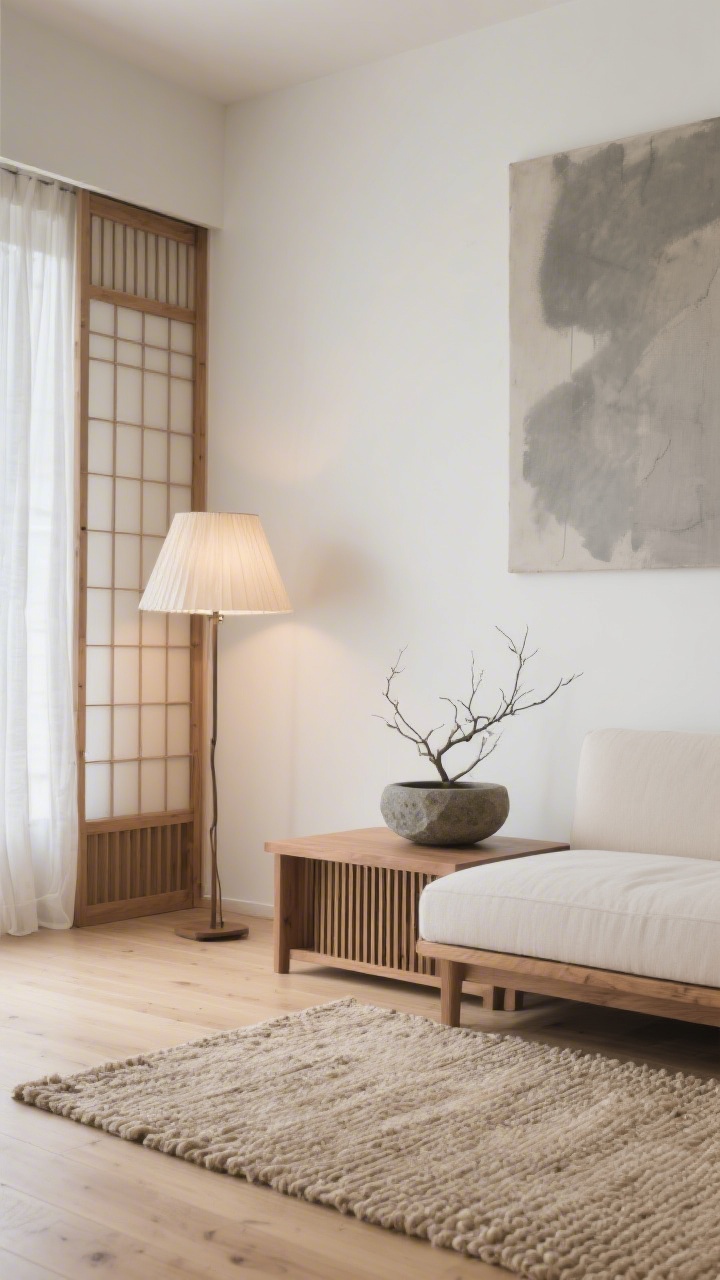 Detail closeup, low angle: Japandi textures—pale ash floor meeting warm white walls, edge of a low clean-lined sofa beside a slatted oak bench; hand-knotted beige rug spanning the floor; paper-shade floor lamp glow near shoji-inspired drapes; a stone bowl and branch arrangement on the bench, with a hint of an oversized abstract canvas in soft charcoal blurred in the background; serene, diffused light.