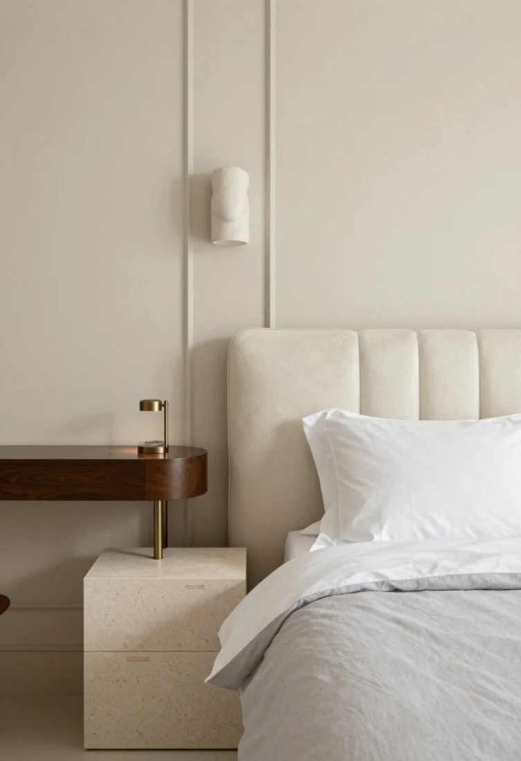 Detail closeup, luxury texture focus: A monochrome ecru cocoon showcases satin-painted wall, trim, and radiator in the same soft ecru, with a rounded-corner desk in lacquered ecru tucked under a niche. A sculptural plaster sconce casts indirect glow above, while a channel-stitched ivory faux-shearling headboard peeks into frame. On a pale travertine cube nightstand: a minimal oil-rubbed bronze picture light shining on a petite landscape. Bedding shows crisp white percale and a whisper-grey linen duvet. Hardware is delicate brushed nickel, nearly disappearing. Palette: layered ecru, ivory, whisper grey, a touch of oil-rubbed bronze. Soft, serene, photorealistic macro of surfaces and curves, no people.