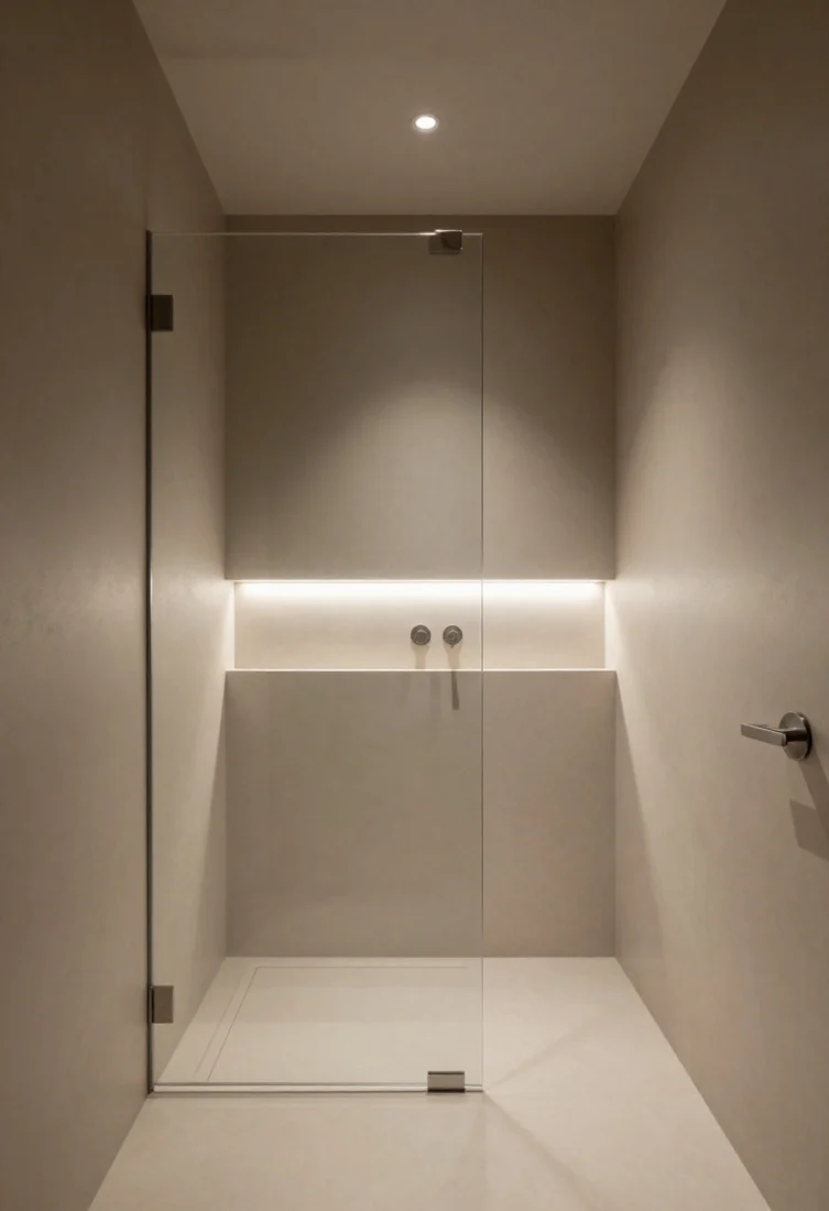 Detail closeup, moody minimal: Walls and ceiling enveloped in mushroom taupe, a smoky tempered-glass shower screen adding depth, and a creamy microcement floor. Ultra-slim brushed stainless fixtures and a recessed, flush-frame medicine cabinet that disappears until lit. Recessed linear light over vanity and an illuminated shower niche. Euro-minimal, calm, and richly tactile with reduced visual noise.