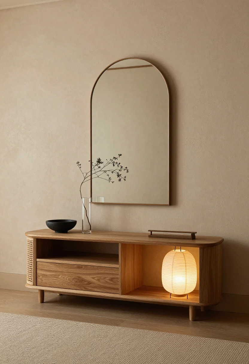 Detail closeup of Japandi calm textures: warm putty wall with tone-on-tone trim, arched-top mirror softening lines; low-profile ash console with rounded corners and cane-front drawers; nubby beige runner foreground; paper lantern sconce glowing softly; decor limited to three items—a black stone bowl, a single branch in a clear glass cylinder, and a minimal incense holder; finishes: ash wood, cane, paper, stone; serene, diffused lighting.