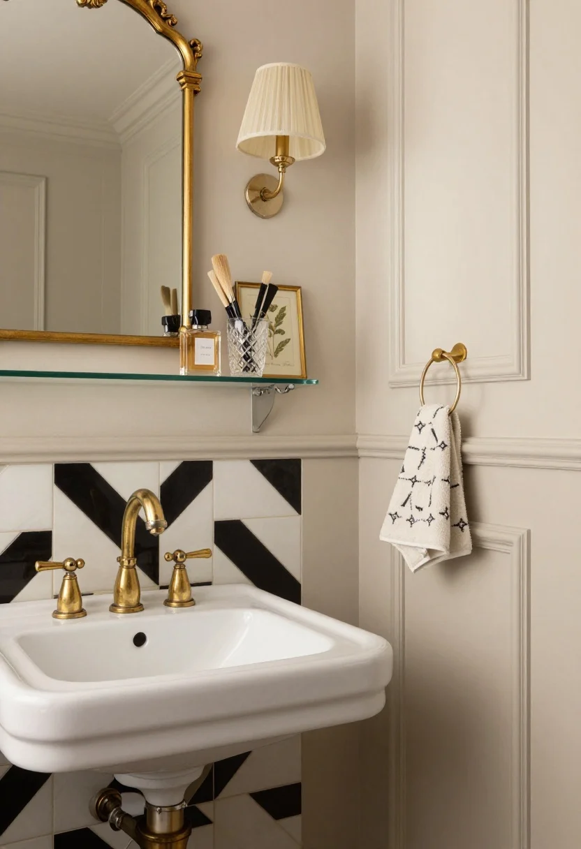 Detail closeup of “Parisian Powder”: picture-frame molding on lower walls painted muted greige, creamy white upper walls, diagonal black-and-white checkerboard tile glimpsed below. Slender pedestal sink with aged brass cross-handle faucet and porcelain caps. A gold antique-style mirror reflecting pleated ivory sconce shade beside it. Glass shelf above sink with stacked perfume bottles and a cut-crystal tumbler holding brushes. Monogrammed hand towel on a delicate ring and a small framed vintage botanical print nearby. Photorealistic, warm, romantic glow highlighting patina and millwork.