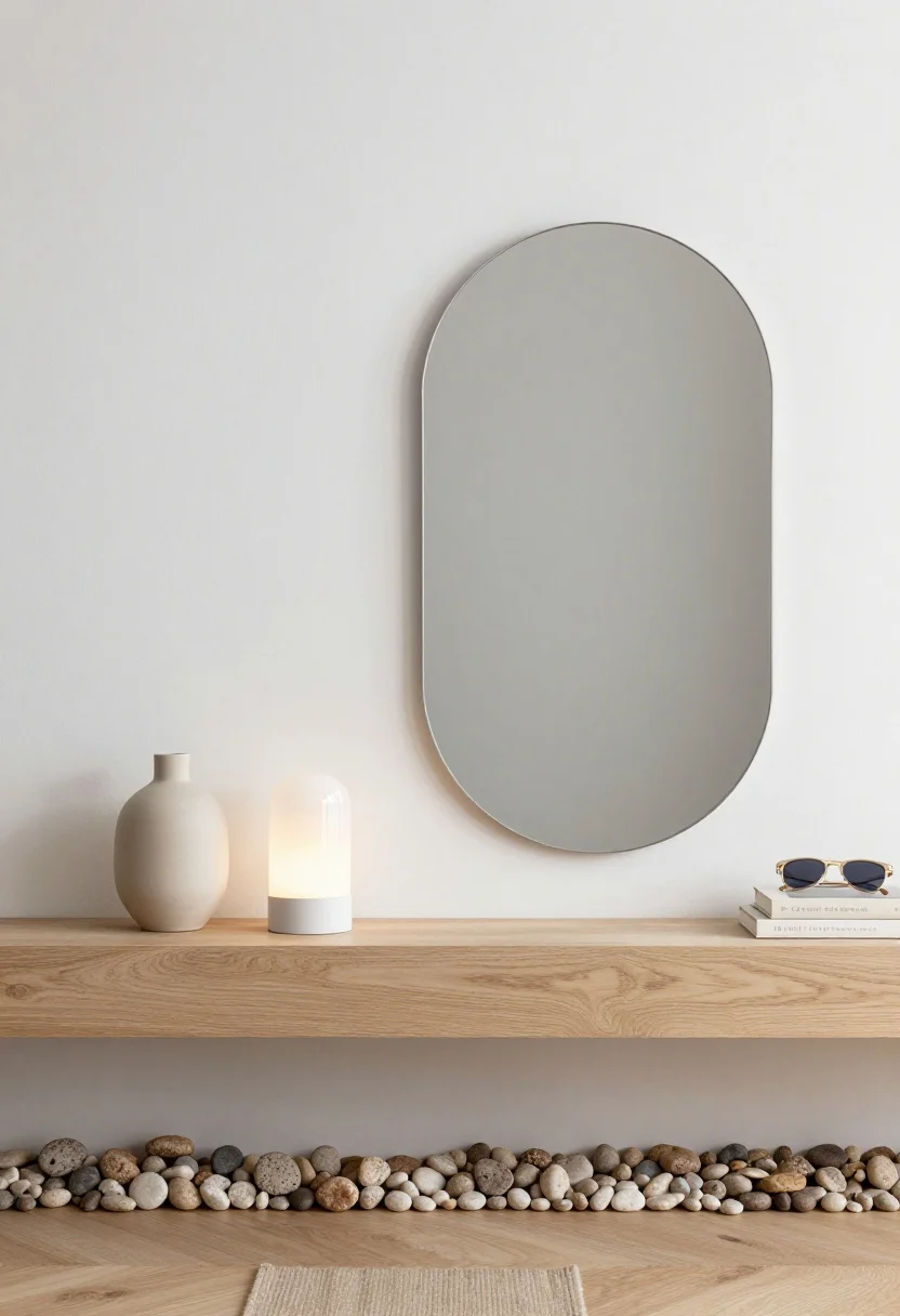 Detail closeup of Scandinavian soft minimalism: buttery white wall backing a floating pale oak shelf, frameless rounded-edge mirror softly reflecting light, simple opal glass sconce with matte white base glowing gently; below the shelf, pebble-toned baskets line a pale oak floor; a narrow oatmeal wool runner edges into frame; on the shelf, a single ceramic vase, tiny stack of design books, and a slim tray for sunglasses; finishes: pale oak, ceramic, opal glass; airy, calm lighting.