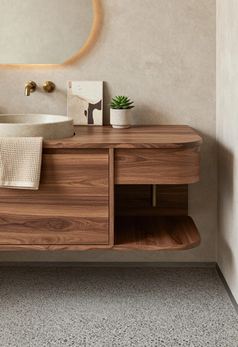 Detail closeup, overhead: Earth-toned modern vignette showing a walnut floating vanity corner with a round taupe stone sink, oil-rubbed bronze faucet, and a muted clay wall backdrop; pebble-look porcelain floor in stone gray peeks in; an abstract tonal art snippet, a small potted succulent, and an olive waffle-knit towel create a grounded, spa-like texture story under dim-to-warm LED ambiance.