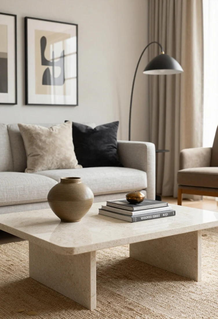 Detail closeup: Shopping cues vignette styled on a travertine plinth coffee table—hand-thrown ceramic vessel, bronze object, and stacked art books—set atop a layered rug pairing sisal with a whisper-sheen silk accent; in the softly blurred background, a tuxedo sofa, a swivel chair, an arc floor lamp, and linen drapery; premium finishes with mohair and velvet pillows; brass picture light glow grazing framed art; photorealistic texture emphasis with tactile, editorial polish.