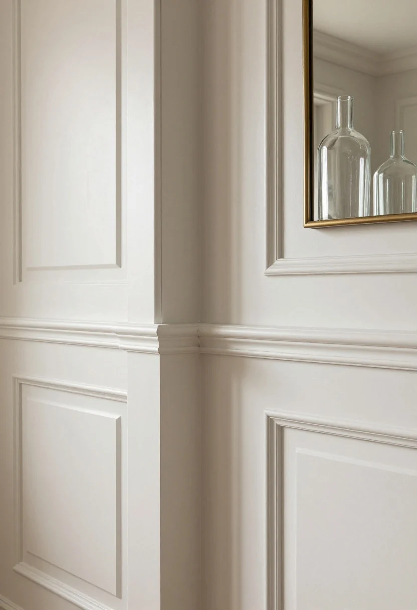 Detail closeup: Trim and wall meeting with minimized contrast—matching paint on walls, trim, and door in a light-reflective eggshell (walls) and satin (trim); a slim glass vase and a small bronze-framed mirror catch light; airy furniture leg visible to underscore openness; clean, reflective, photorealistic.